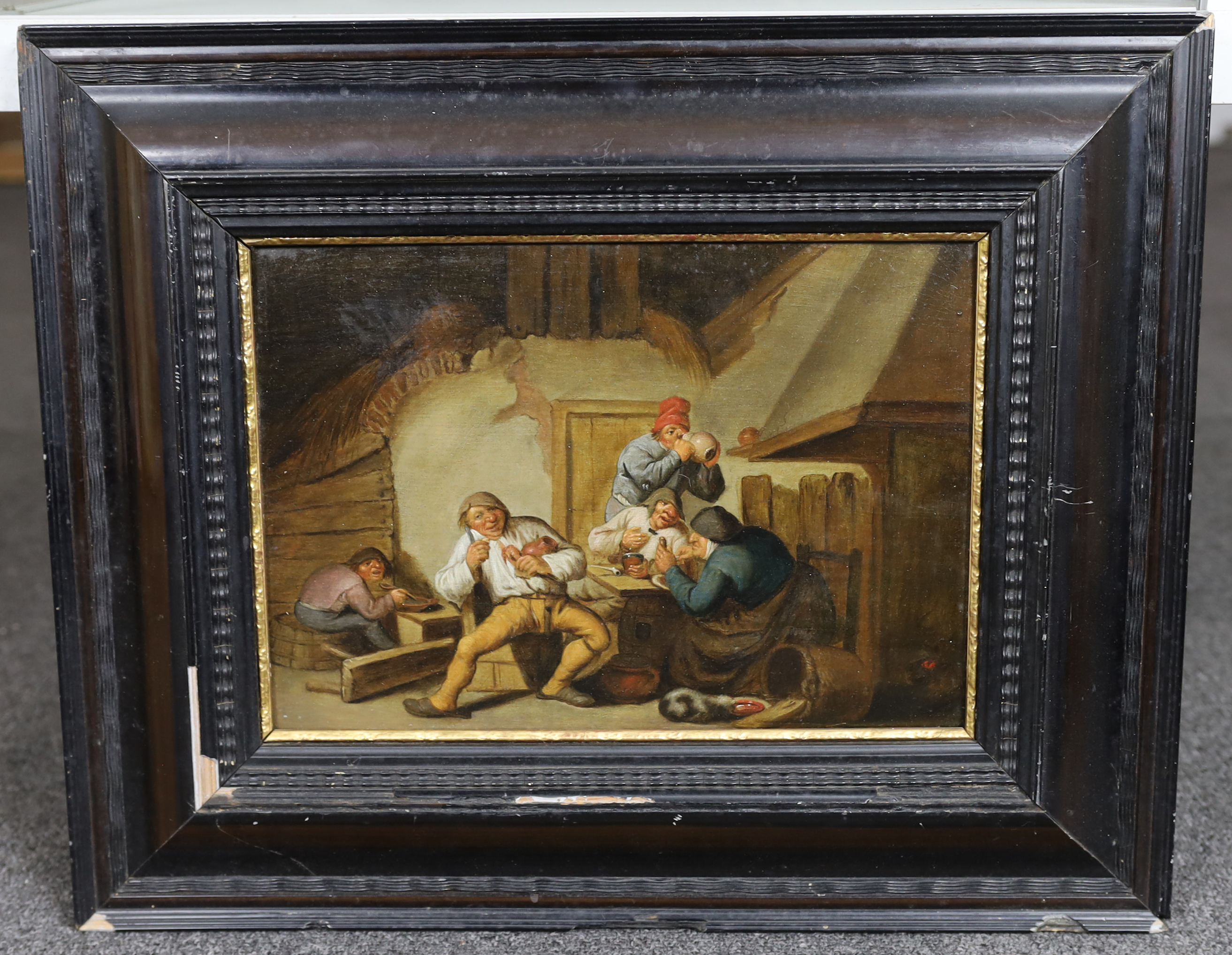 Attributed to Anthonie Victoryns (Flemish, 1620-1656), Tavern interior with figures carousing and drinking, oil on panel, 22 x 31.5cm, Please note this lot attracts an additional import tax of 5% on the hammer price